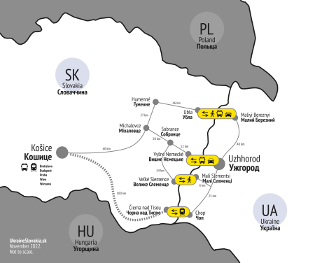 Mapa hraničných priechodov z Ukrajiny na Slovensko.